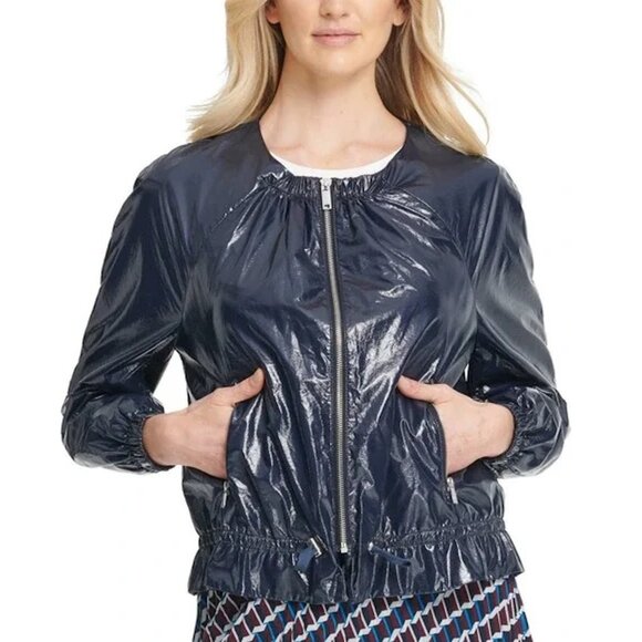 DKNY Blue Glossy Collarless Drawstring Bomber Jacket Size L - Picture 2 of 13